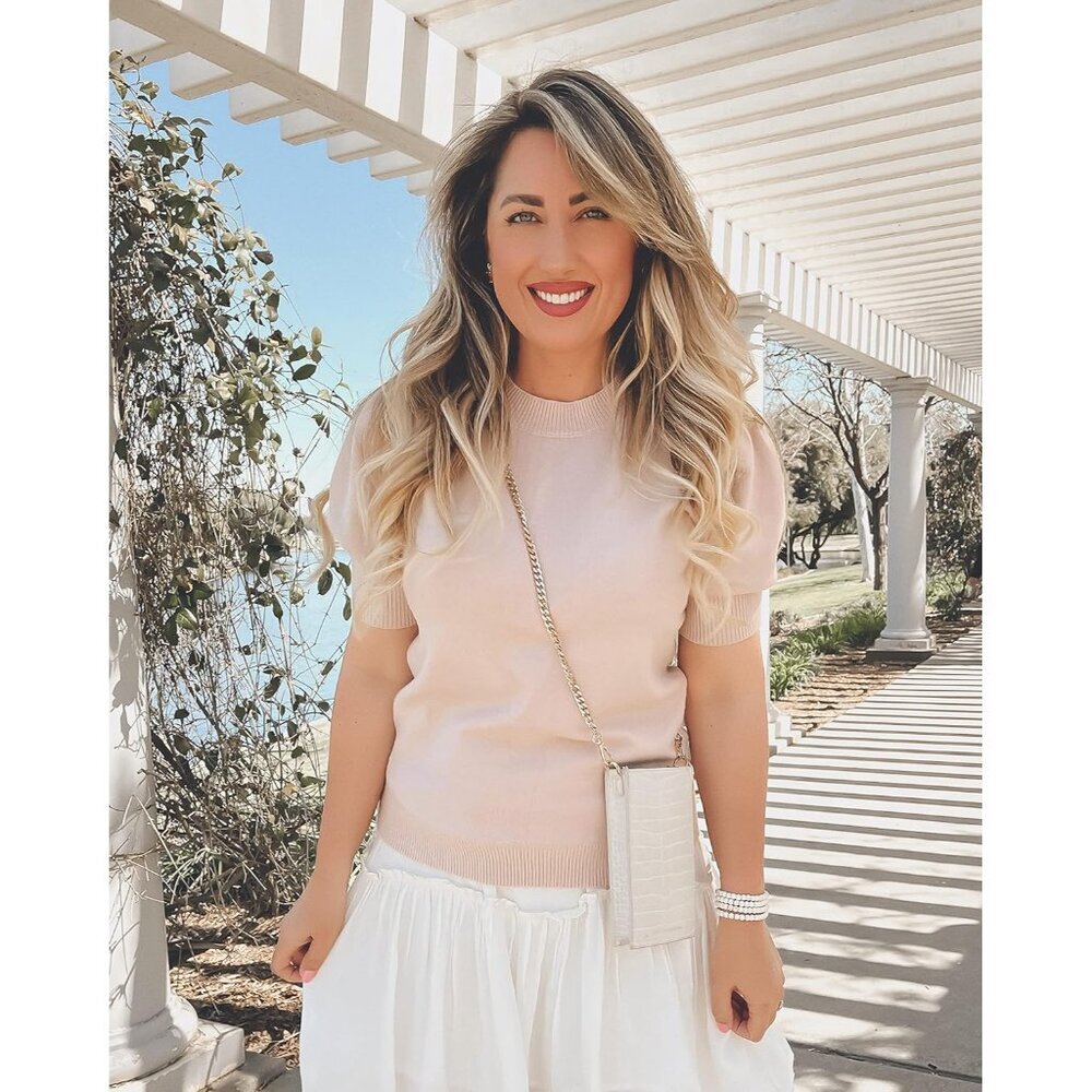 Women's Puff Short Sleeve Sweater Tops 2025 Summer Fall Trendy Knit Crew Neck Ca - Picture 4 of 6